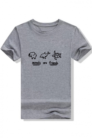 ANIMALS ARE FRIENDS Letter Printed Round Neck Short Sleeve Tee