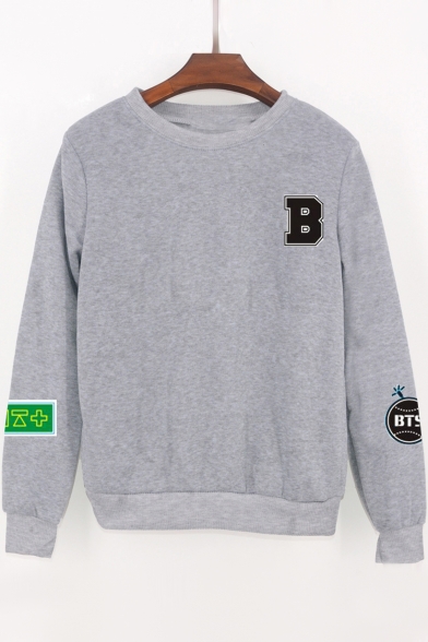 B Letter Baseball Printed Round Neck Long Sleeve Sweatshirt
