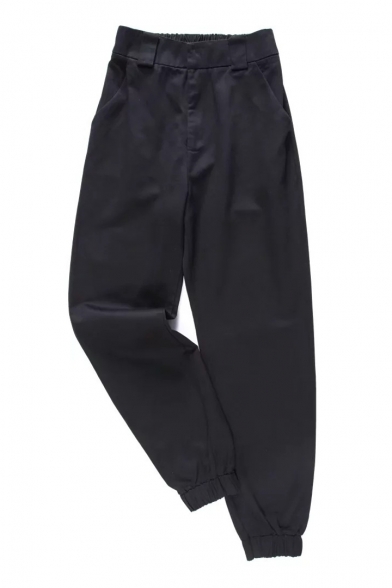 Basic Plain Elastic Waist Loose Elastic Cuff Pants