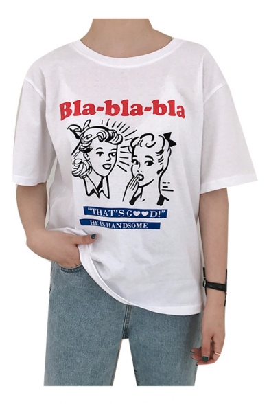 BLA Letter Character Printed Round Neck Short Sleeve Tee