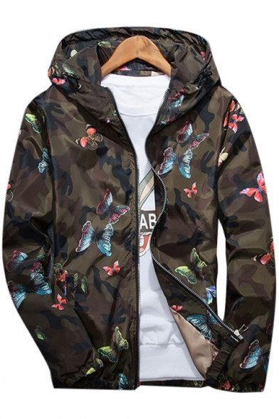 Butterfly Camouflage Printed Long Sleeve Zip Up Hooded Sun Proof Coat