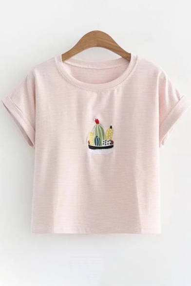 Cactus Embroidered Round Neck Short Sleeve Striped Tee