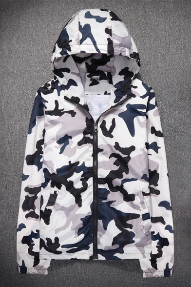 Camouflage Printed Long Sleeve Zip Up Hooded Coat