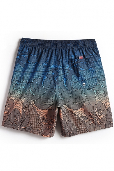 Designer Blue Elastic Ombre Leaf Print Swim Trunks Shorts for Male with Mesh Lined Pockets
