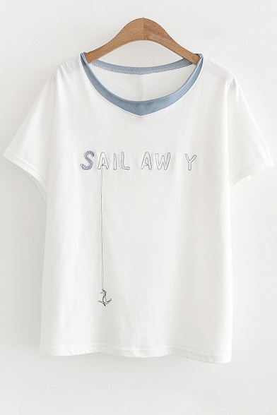 Embroidered Panel Round Neck Short Sleeve Tee