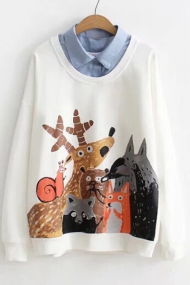 Fake Two Pieces Lapel Collar Cartoon Animal Printed Long Sleeve Sweatshirt