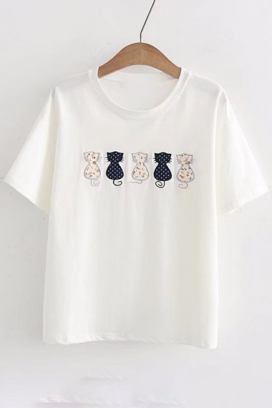 Five Cats Embroidered Applique Round Neck Short Sleeve Tee