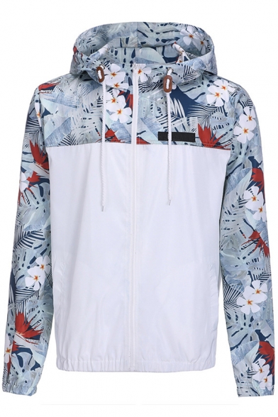 Floral Print Camouflage Color Block Zipped Long Sleeve Hoodie Jacket