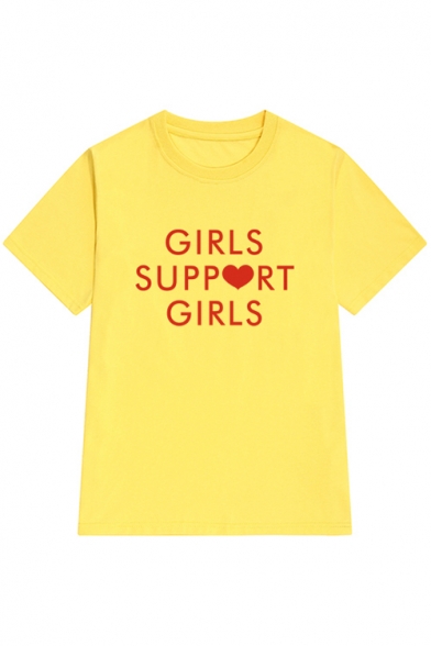 GIRLS SUPPORT GIRLS Heart Printed Round Neck Short Sleeve Tee