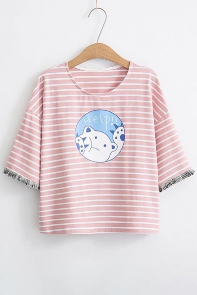 HELP Letter Bear Printed Round Neck Short Sleeve Striped Tee
