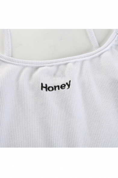HONEY Letter Embroidered Spaghetti Straps Sleeveless Crop Cami