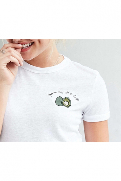 Leisure Avocado Letter Embroidered Round Neck Short Sleeve Tee