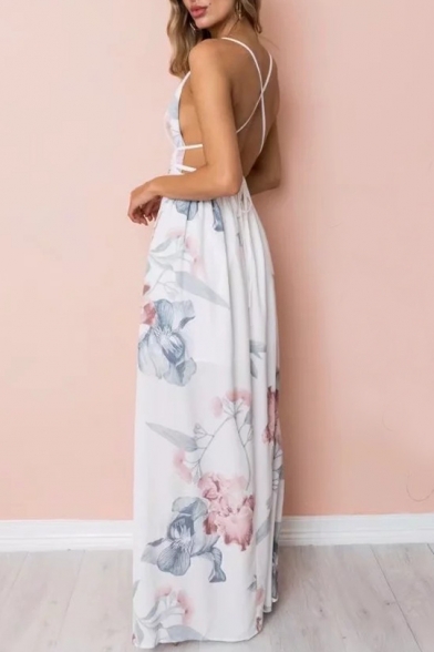 Plunge Neck Spaghetti Straps Sleeveless Floral Printed Open Back Split Front Maxi Cami Dress