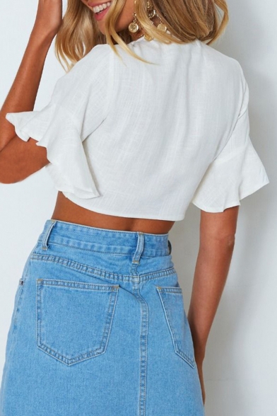 Sexy V Neck Tied Front Ruffle Detail Short Sleeve Crop Tee