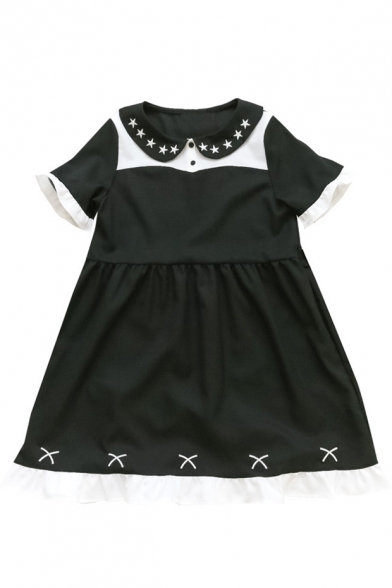 Star Embroidered Peter Pan Collar Color Block Short Sleeve Dress