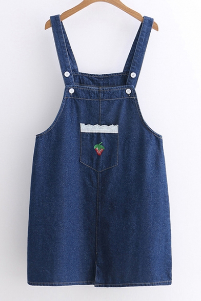 Strawberry Embroidered Pockets Front and Back Overalls