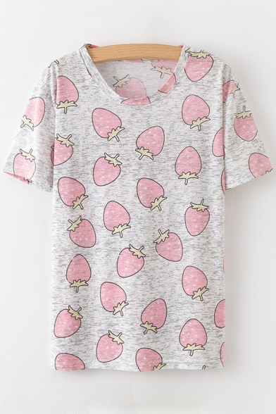 

Strawberry Printed Round Neck Short Sleeve Leisure Tee, LC472491