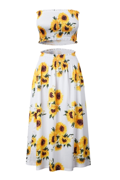 Sun Flower Printed Crop Bandeau with Maxi Elastic Waist Skirt Co-ords