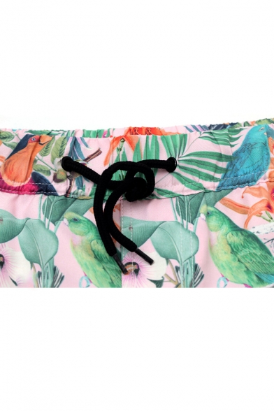 Top Rated Floral Green Tropical Bird Print Stretch Bathing Suits with Drain Hole and Liner