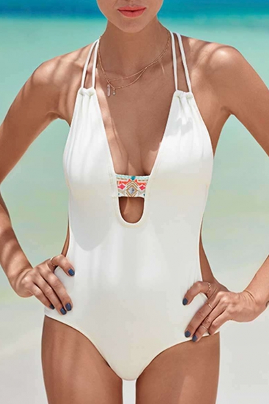 Tribal Printed Detail Hollow Out Spaghetti Straps Sleeveless One Piece Swimwear