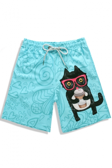 Best Bright Blue Fast Dry Elastic Cat Kitty Cartoon Swim Trunks with Pockets without Lining
