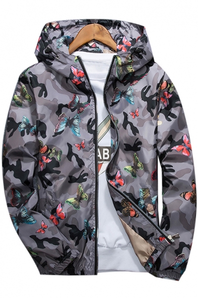 Butterfly Camouflage Printed Long Sleeve Zip Up Hooded Sun Proof Coat