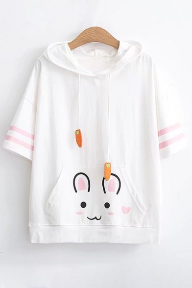 Carrot Pattern Embellished Drawstring Hood Rabbit Printed Short Sleeve Hooded Tee