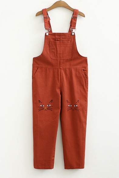 Cat Embroidered Loose Overall Jumpsuit