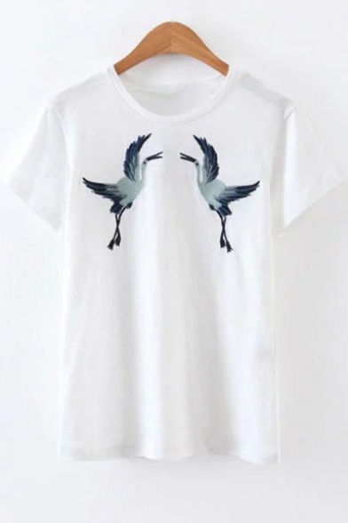 Crane Letter Embroidered Round Neck Short Sleeve Tee