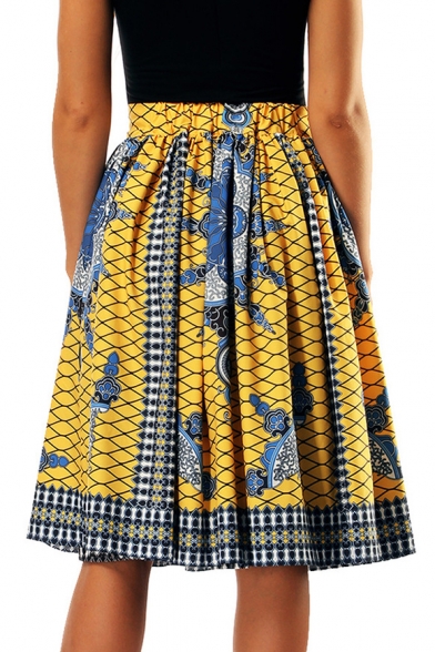 Digital Tribal Printed High Waist Midi A-Line Skirt
