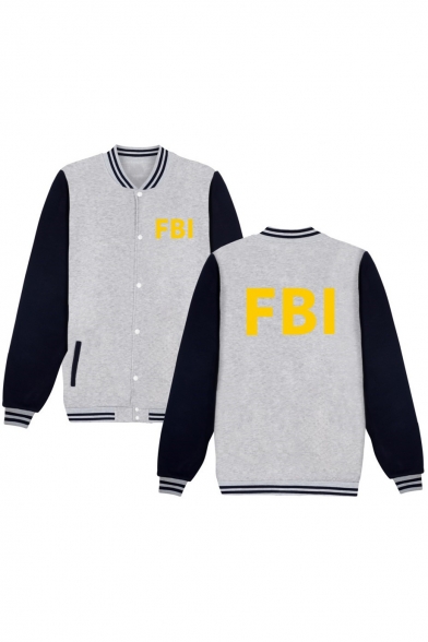 FBI Letter Printed Color Block Long Sleeve Stand Up Collar Baseball Jacket