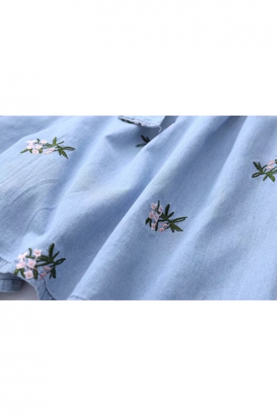 Floral Embroidered Elastic Waist Loose Denim Culotte with Belt