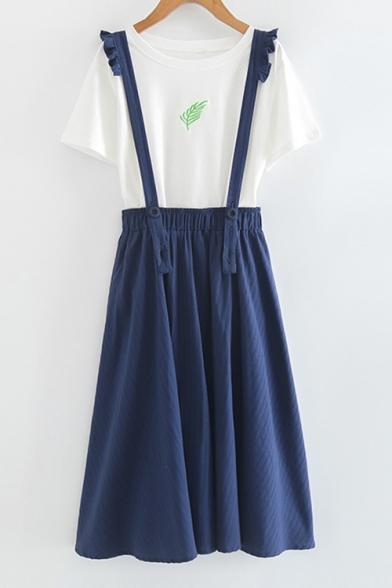 Frill Hem Elastic Waist Plain Midi Overall Skirt