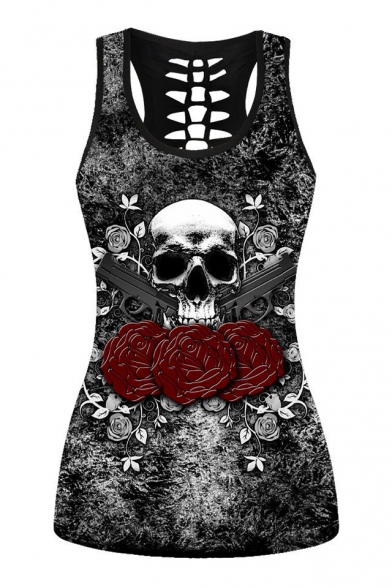 Gun Skull Floral Printed Round Neck Sleeveless Tank