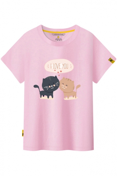 I LOVE YOU Cat Printed Round Neck Short Sleeve Tee