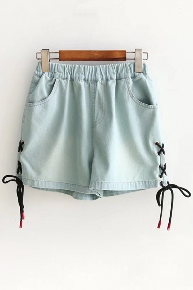 Lace Up Side Embellished Elastic Waist Loose Denim Shorts