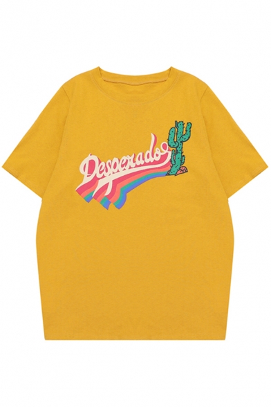 Letter Cactus Printed Round Neck Short Sleeve Tee