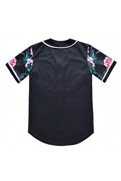 Letter Pentagram Floral Printed Short Sleeve Buttons Down Tee