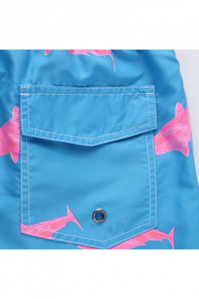 Mens Quick Dry Black Shark Fish Printed Swim Shorts with Flap Pockets