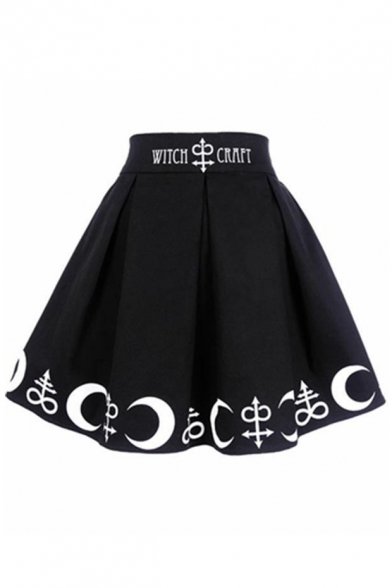 Moon Letter Printed High Waist Mini A-Line Skirt