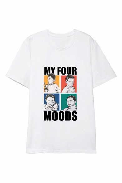 MY FOUR MOODS Letter Character Printed Round Neck Short Sleeve Tee