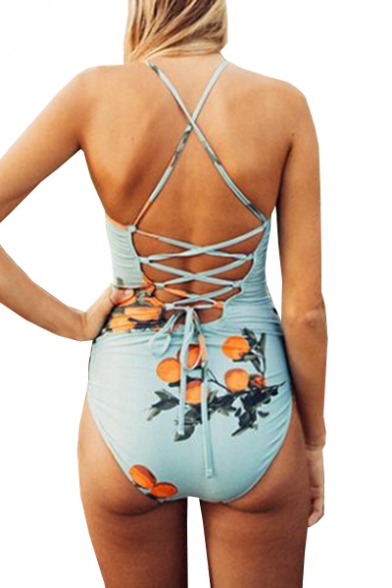 Orange Printed Lace Up Back Sleeveless One Piece Swimwear