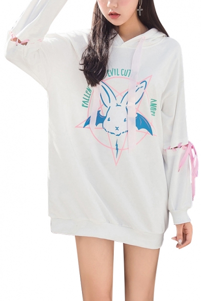 Pentagram Rabbit Letter Printed Lace Up Detail Long Sleeve Tunic Hoodie