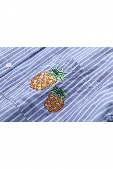 Pineapple Embroidered Lapel Collar Short Sleeve Striped Buttons Down Shirt