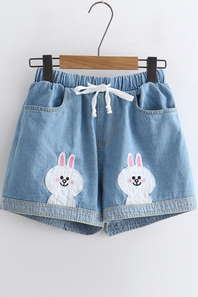 Rabbit Embroidered Drawstring Waist Denim Shorts