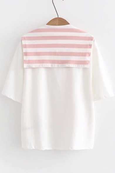 Striped Sailor Collar Short Sleeve Letter Rabbit Embroidered Tee