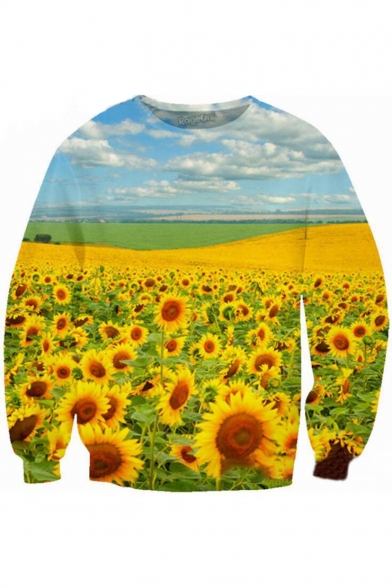 Sunflower Landscape Pattern Long Sleeve Pullover Sweatshirt for Couple