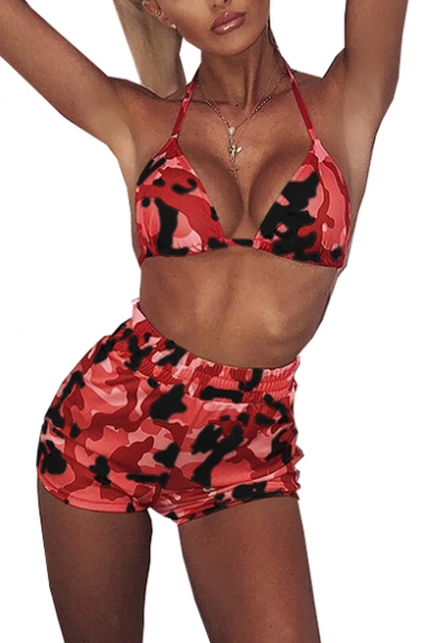 Camouflage Printed Halter Sleeveless Bralet Top with Elastic Waist Hot Pants Shorts Co-ords