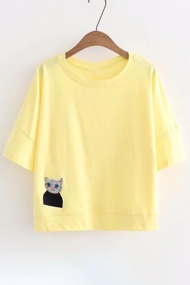 Cat Embroidered Short Sleeve Round Neck Tee