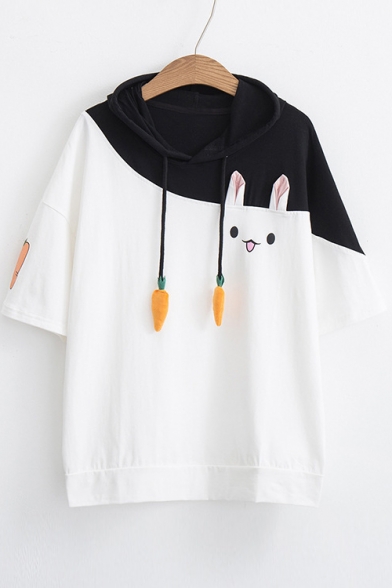 Color Block Carrot Embellished Drawstring Hood Rabbit Printed Hooded Tee